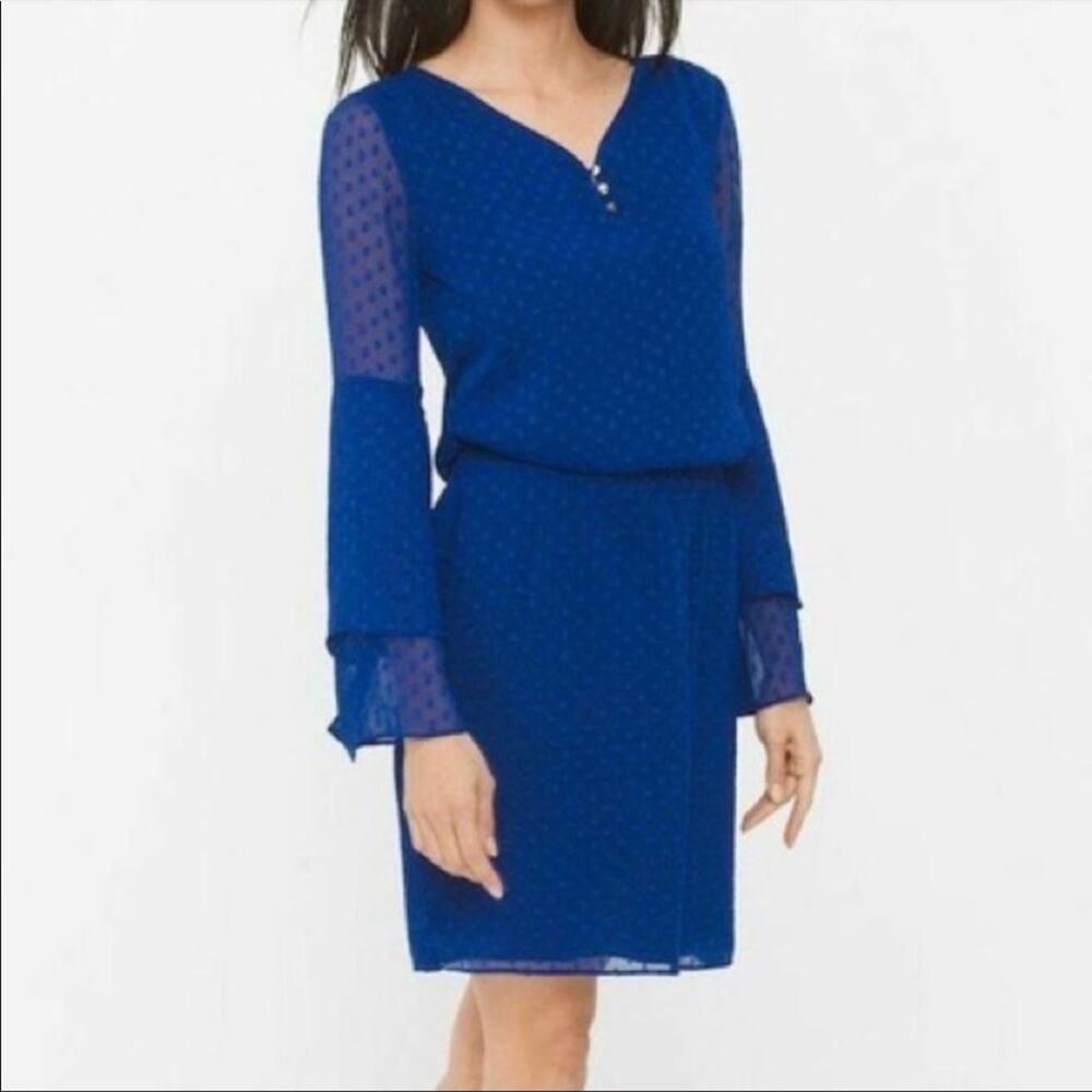 White House Black market royal blue Long-Sleeve Clipped Jacquard Boho Dress 0